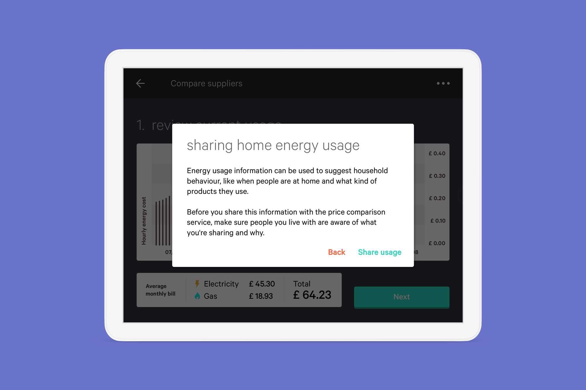Screen with message to prompt people to disucss sharing energy usage data with others they live with